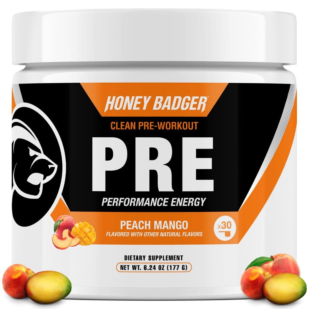 Honey Badger Pre Workout Powder, Keto Vegan Preworkout for Men &amp; Women with Vitamin C for Immune Support, Beta Alanine &amp; Caffeine, Sugar Free Natural Energy Supplement, Peach Mango, 30 Servings