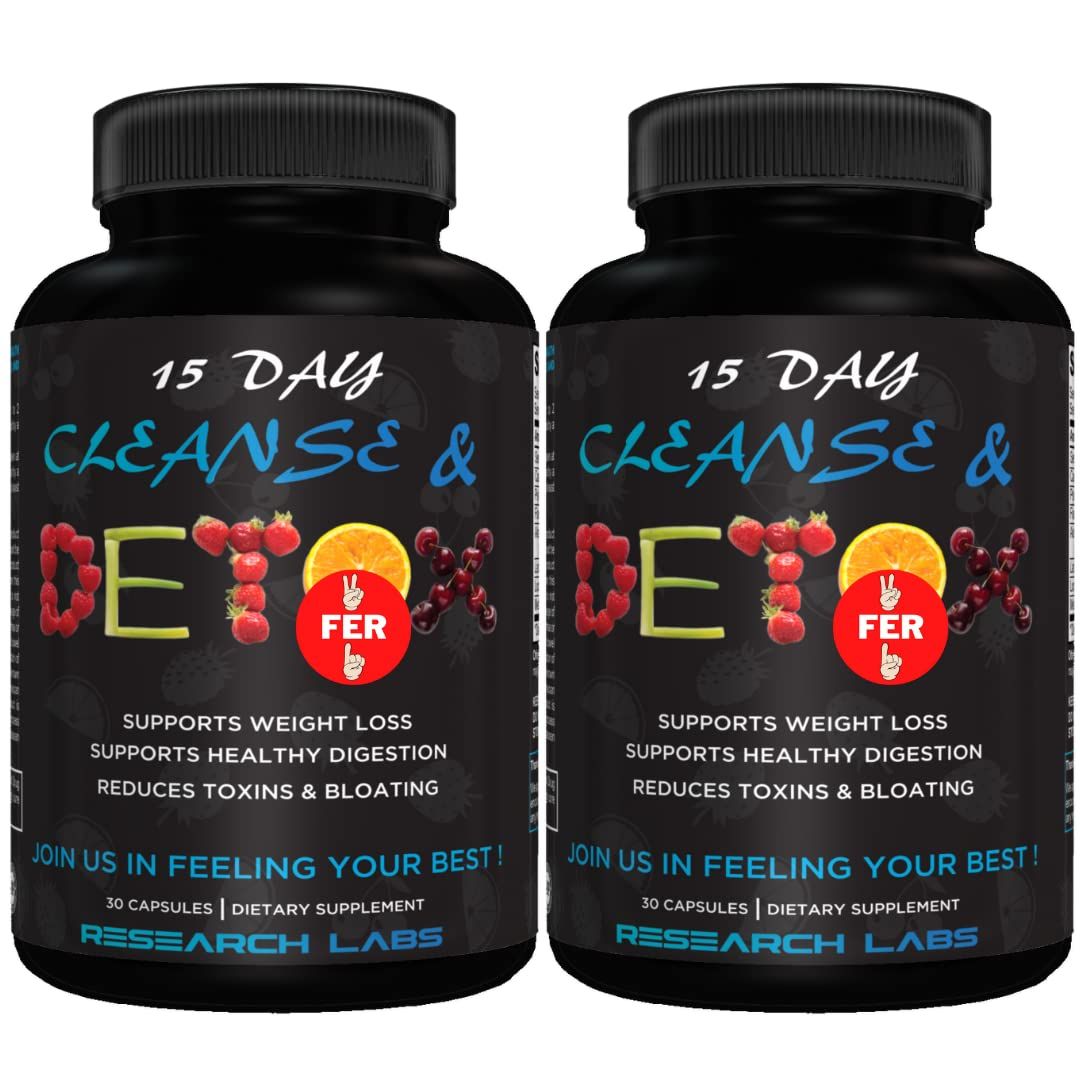 Research Labs 15 Day Colon Cleanse &amp; Detox for Less Bloat Flat Tummy w/Probiotics - 2 Fer 1 - Constipation Relief - Flushes Toxins, Boosts Energy. Clinically Researched Safe and Effective Formula
