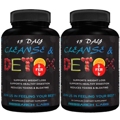 Research Labs 15 Day Colon Cleanse &amp; Detox for Less Bloat Flat Tummy w/Probiotics - 2 Fer 1 - Constipation Relief - Flushes Toxins, Boosts Energy. Clinically Researched Safe and Effective Formula