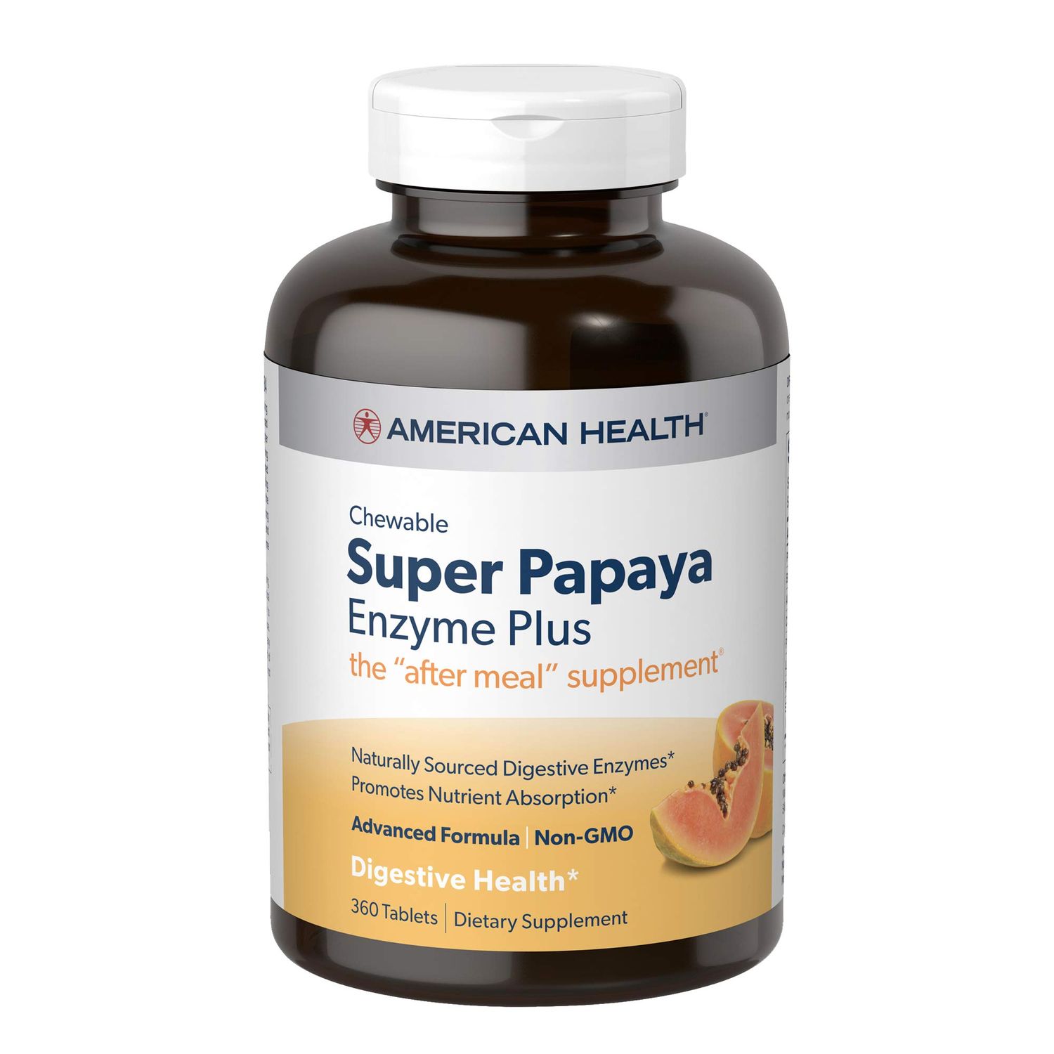 American Health Super Papaya Enzyme Plus Chewable Tablets, Natural Papaya Flavor - Promotes Digestion &amp; Nutrient Absorption, Contains Papain &amp; Other Enzymes - 360 Count