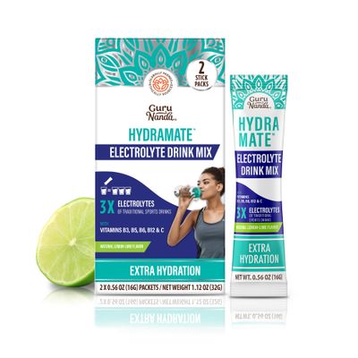 GuruNanda Hydramate Hydration Support Drink Mix - Electrolyte Powder Packets for Dehydration, Exercise &amp; Energy - No Added Sweeteners, Non-GMO, Natural Lemon Lime Flavor - 2 Count (0.56 oz Each)