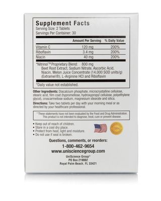UniScience Group Nitrinol, Natural Nitric Oxide Booster with Beetroot Extract, 60 Tablets per Box, 2 Box Deal