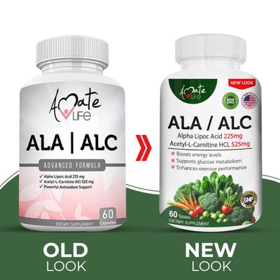 Amate Life ALA/ALC High Potency Formula- Best Alpha Lipoic Acid and Acetyl-L-Carnitine HCl Dietary Supplement- Antioxidant Support- Energy Boost- for Men and Women 60 Capsules