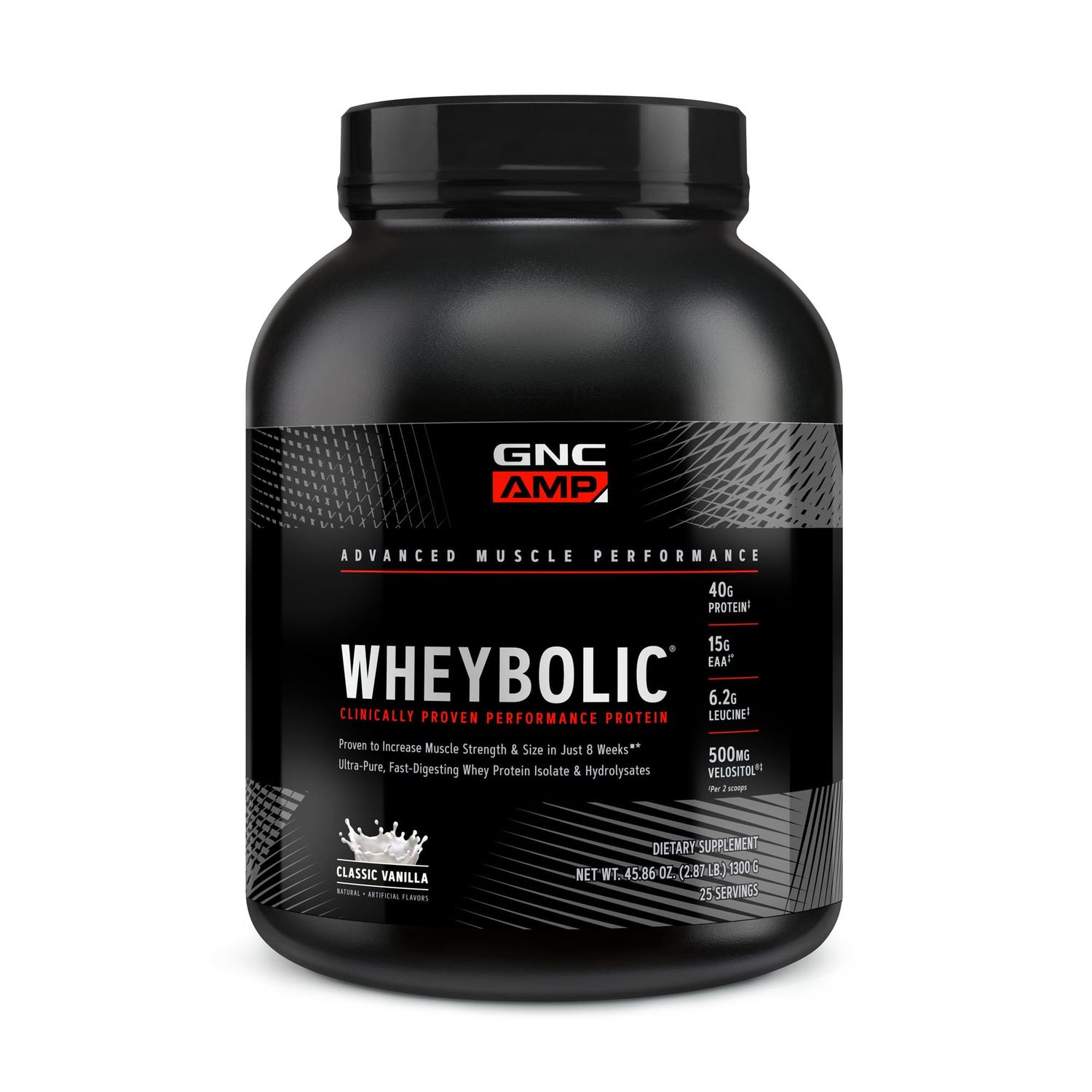 GNC AMP Wheybolic Whey Protein Powder Isolate with BCAA | Targeted Muscle Building and Workout Support Formula | Gluten Free | Classic Vanilla | 25 Servings