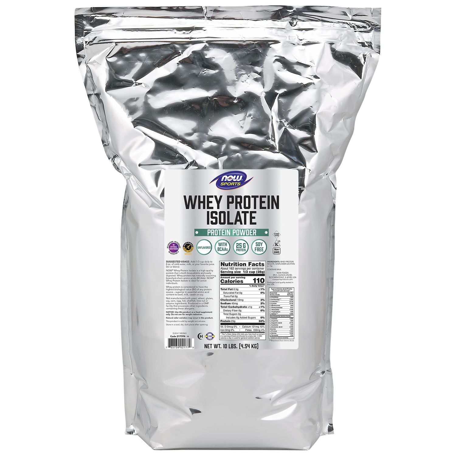 NOW Foods Sports Nutrition, Whey Protein Isolate, 25 g With BCAAs, Unflavored Powder, 10-Pound