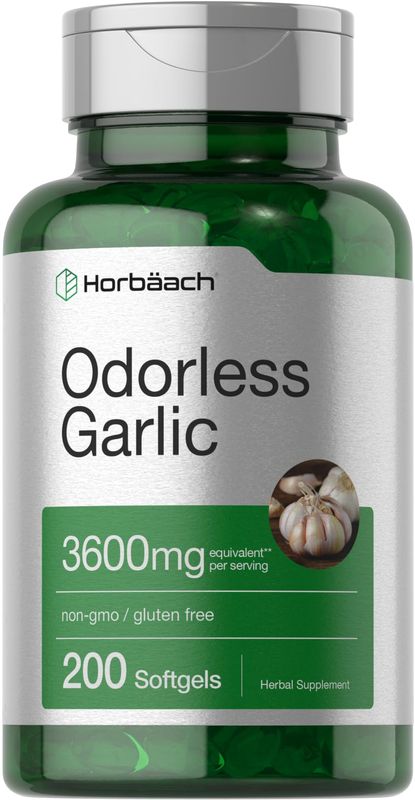 Horbach Odorless Garlic Softgels 3600 mg | 200 Count | Ultra Potent Garlic Extract | Non-GMO &amp; Gluten Free Supplement
