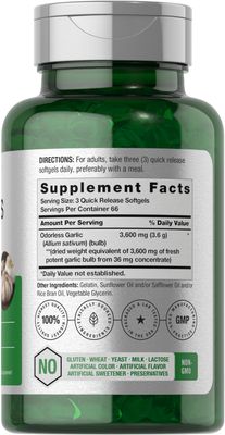 Horbach Odorless Garlic Softgels 3600 mg | 200 Count | Ultra Potent Garlic Extract | Non-GMO &amp; Gluten Free Supplement