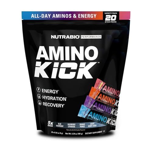 NutraBio - Amino Kick - All in One Performance Formula Energy, Hydration, Recovery 20 Servings, (Variety Pack) - 6g Amino Acids - Support Muscle Building