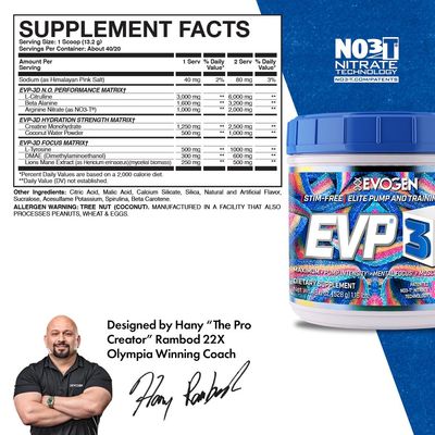 Evogen EVP 3D Stim Free Pre-Workout | Muscle Pump &amp; Vascularity, Mental Focus, Boosts Nitric Oxide | Arginine Nitrate, L-Citrulline, Lion's Mane | Sour Candy | 40 Servings