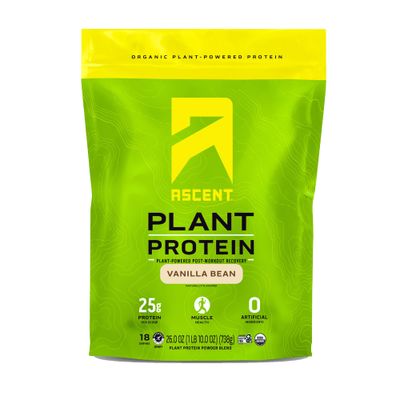 Ascent Plant Based Protein Powder - Non Dairy Vegan Protein, Zero Artificial Ingredients, Soy &amp; Gluten Free, No Added Sugar, 4g BCAA, 2g Leucine - Vanilla, 20 Servings