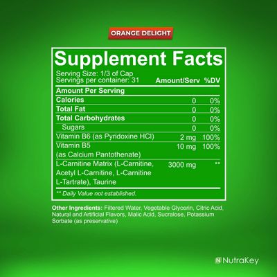 NutraKey L-Carnitine 3000mg, No Sugar, Gluten Free, Turn Into Fuel, (Orange Delight) 31 Servings