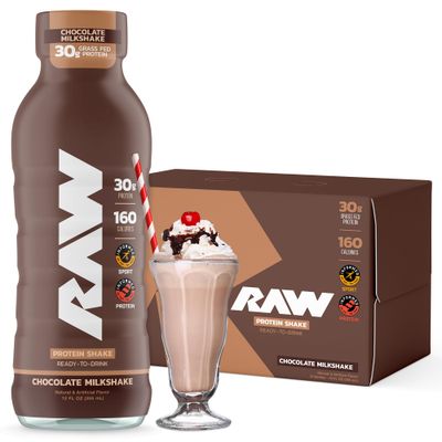 RAW Ready-to-Drink Protein Shake, Chocolate - RTD Protein Drinks with Grass-Fed Whey Protein Isolate for Post-Workout - Zero-Sugar &amp; Gluten-Free Meal Replacement Drink &amp; Breakfast Shake, 12 Fl Oz