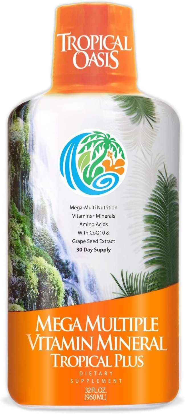 Tropical Oasis Mega Plus - Liquid Multivitamin and Mineral Supplement - Includes 85 Vitamins &amp; Minerals, 20 Amino Acids + CoQ10, Grape Seed Extract &amp; Organic Aloe Vera - 32oz, 32 Servings, 33460