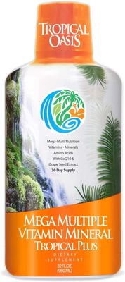 Tropical Oasis Mega Plus - Liquid Multivitamin and Mineral Supplement - Includes 85 Vitamins &amp; Minerals, 20 Amino Acids + CoQ10, Grape Seed Extract &amp; Organic Aloe Vera - 32oz, 32 Servings, 33460