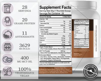 Stellar Labs Vegan Protein Powder with BCAA's & Antioxidants | Certified Low FODMAP, Non GMO, Gluten Free, Soy Free, Low Carb, with Stevia | Lean Plant Based Protein Powder Shakes | Chocolate