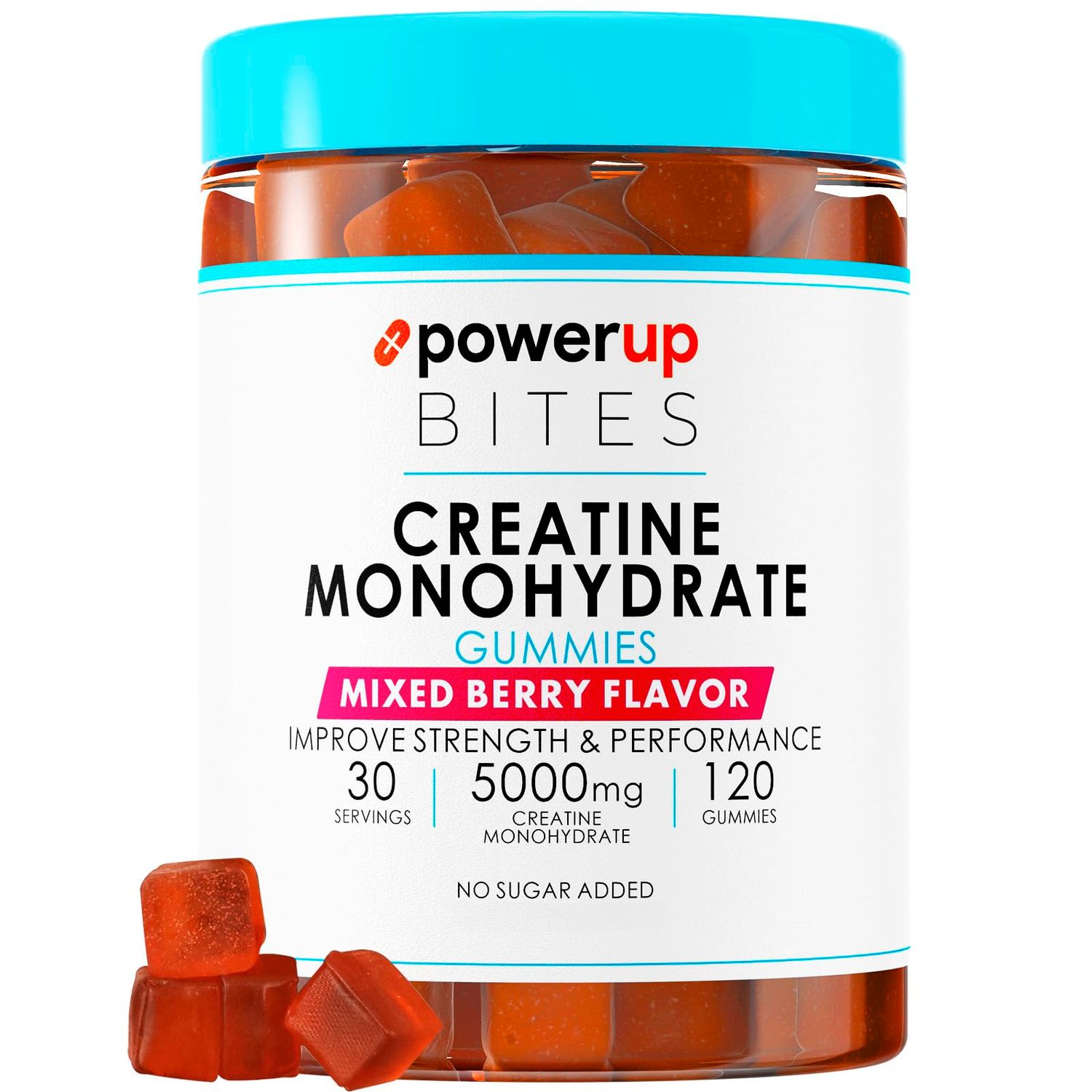 PowerUp Bites Creatine Monohydrate Gummies for Men &amp; Women, 100% Creatine Mixed Berry Gummies, 5g per Serving + Vegan, Sugar Free + Strength, Energy, Muscle &amp; Booty Gain - 120 Count