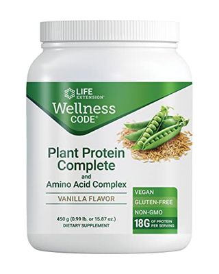 Life Extension Wellness Code Plant Protein Complete &amp; Amino Acid Complex (Vanilla), Plant-Based Protein Powder Plus branched-Chain Amino acids, Gluten-Free, Non-GMO, Vegetarian, 450 Grams
