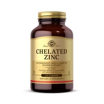 Solgar Chelated Zinc, 250 Tablets - Zinc for Healthy Skin - Supports Cell Growth &amp; DNA Formation - Exerts Antioxidant Activity - Supports A Healthy Immune System - Non GMO, Vegan - 250 Servings