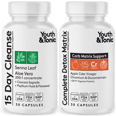 Youth &amp; Tonic 15 Day Cleanse &amp; Carb Matrix Support for Bloating, Gut &amp; Metabolism Health, Break The Plateau, Feel Lighter &amp; Energized, Colon Cleanser &amp; Detox with ACV, Glucomannan, Chromium, 60 Pills