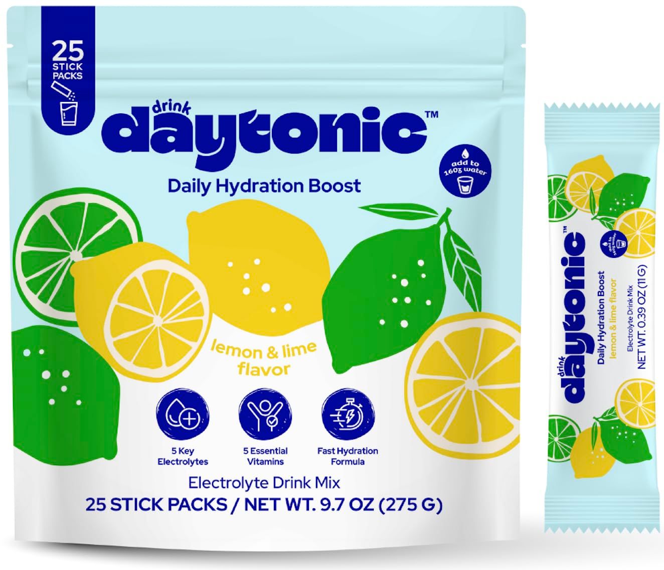 DRINK DAYTONIC Hydration Powder Electrolytes, 25 Servings | Vitamins C, B12 &amp; B6, Niacin, 480mg Sodium &amp; More | Low Calorie &amp; Aspartame-Free Electrolyte Drink Mix | Lemon Lime IV Hydration Packets