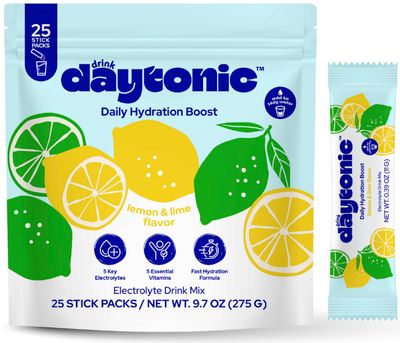 DRINK DAYTONIC Hydration Powder Electrolytes, 25 Servings | Vitamins C, B12 &amp; B6, Niacin, 480mg Sodium &amp; More | Low Calorie &amp; Aspartame-Free Electrolyte Drink Mix | Lemon Lime IV Hydration Packets