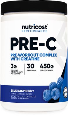 Nutricost Pre-C Pre-Workout Complex with Creatine (Blue Rasberry | 30 Servings) Powder - Boost Fintess Routines, 450g