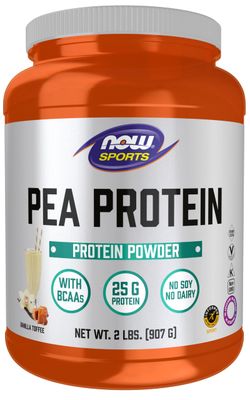 NOW Foods Sports Nutrition, Pea Protein 25 g With BCAAs, Easily Digested, Vanilla Toffee Powder, 2-Pound