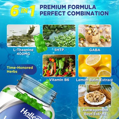 HOLLEGEND L-Theanine Gummies, l'theanine 400mg with Ashwagandha, GABA, 5HTP,L-Theanine Chewable Supplement for Relax, Zzz & Focus Support, Vegan, Lemon Flavor, 60 Counts