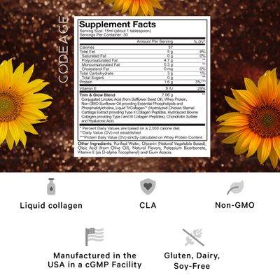 Codeage Liquid Collagen Supplement Chocolate Flavor, Beauty Trim & Glow Liposomal Collagen Peptides, CLA Conjugated Linoleic Acid, Hyaluronic Acid, Vitamin E, Hydrolyzed, Non-GMO, 15.22 fl oz