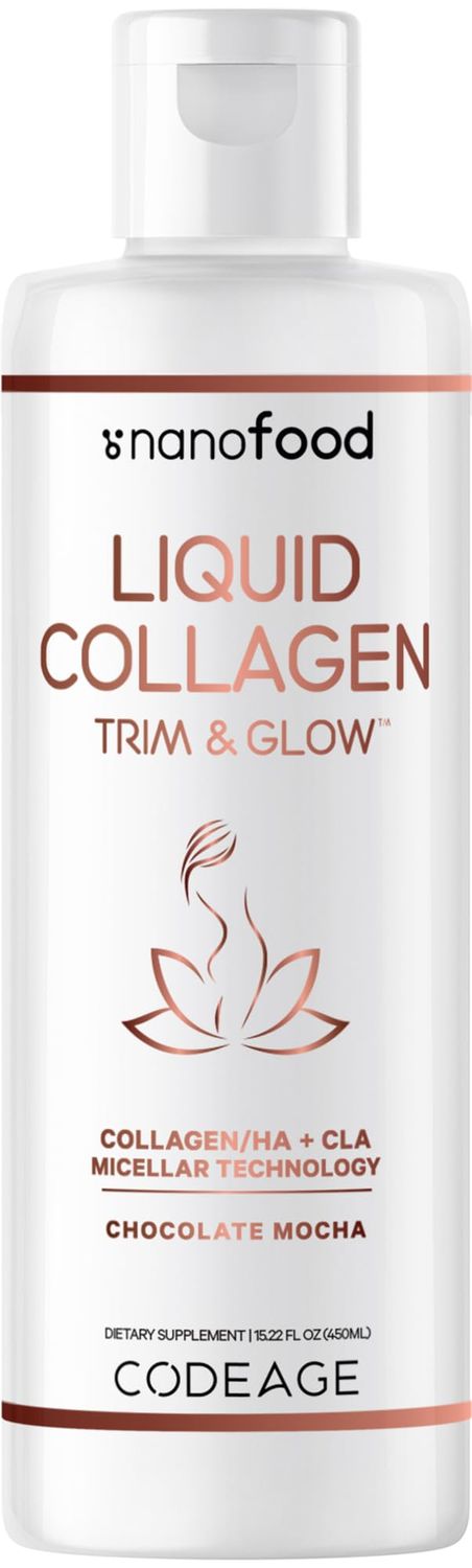 Codeage Liquid Collagen Supplement Chocolate Flavor, Beauty Trim &amp; Glow Liposomal Collagen Peptides, CLA Conjugated Linoleic Acid, Hyaluronic Acid, Vitamin E, Hydrolyzed, Non-GMO, 15.22 fl oz