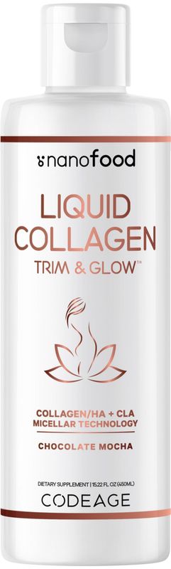 Codeage Liquid Collagen Supplement Chocolate Flavor, Beauty Trim &amp; Glow Liposomal Collagen Peptides, CLA Conjugated Linoleic Acid, Hyaluronic Acid, Vitamin E, Hydrolyzed, Non-GMO, 15.22 fl oz