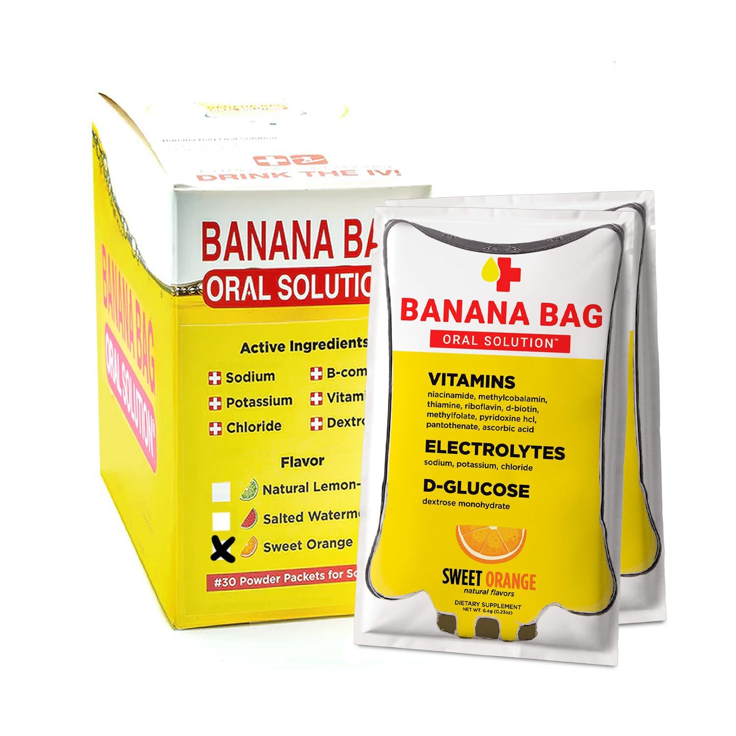 Banana Bag Oral Solution Sweet Orange 30-Pack Medbox Pharmacist Hydration Recovery Formula - Electrolyte &amp; Vitamin Powder Packet Drink Mix