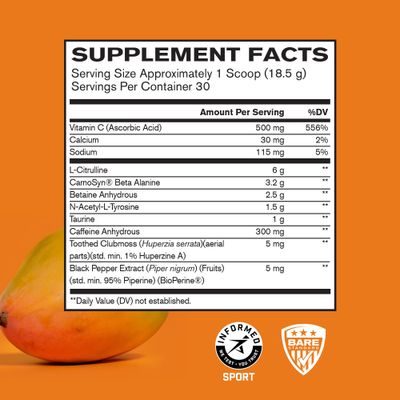 BARE PERFORMANCE NUTRITION BPN Flight Pre Workout, Supports Energy and Mental Focus, Improved Endurance & Muscle Pumps with CarnoSyn Beta Alanine, Mango, 30 Servings