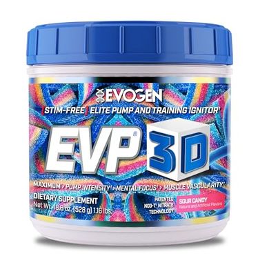 Evogen EVP 3D Stim Free Pre-Workout | Muscle Pump &amp; Vascularity, Mental Focus, Boosts Nitric Oxide | Arginine Nitrate, L-Citrulline, Lion&#39;s Mane | Sour Candy | 40 Servings