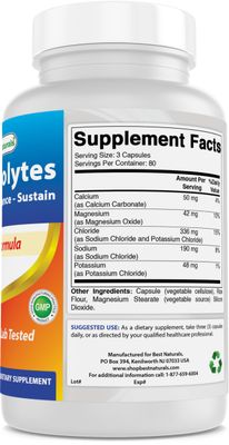 Best Naturals Electrolytes Hydrate-Balance- Sustain Premium Formula 240 Capsules. Gluten Free and Non-GMO.