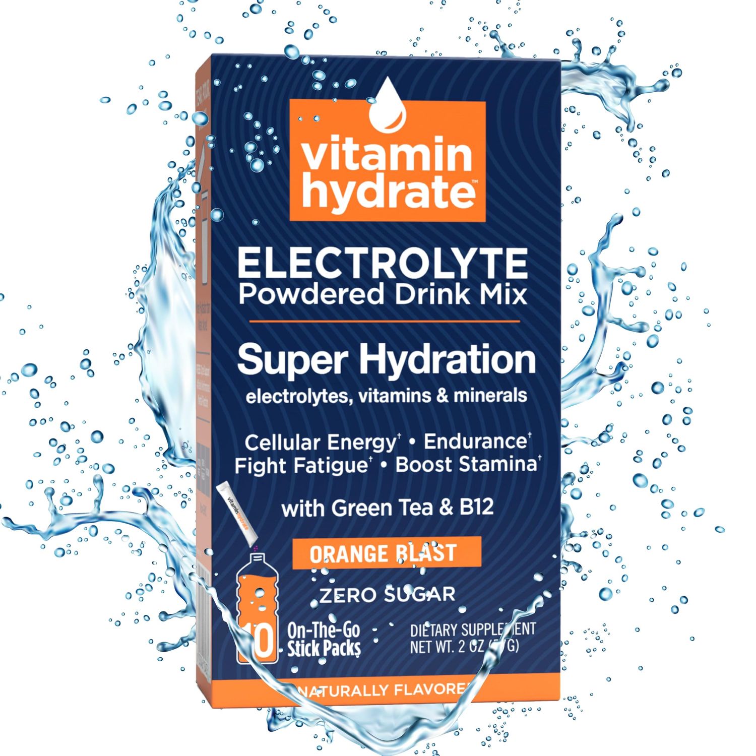 Vitamin Hydrate Electrolyte Powdered Drink Mix, Super Hydration, Boost Stamina &amp; Fight Fatigue, Bursting with Electrolytes, Vitamins &amp; Minerals, 0 Sugar, Orange Blast, 10 Stick Packs