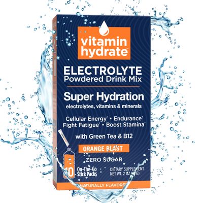 Vitamin Hydrate Electrolyte Powdered Drink Mix, Super Hydration, Boost Stamina &amp; Fight Fatigue, Bursting with Electrolytes, Vitamins &amp; Minerals, 0 Sugar, Orange Blast, 10 Stick Packs