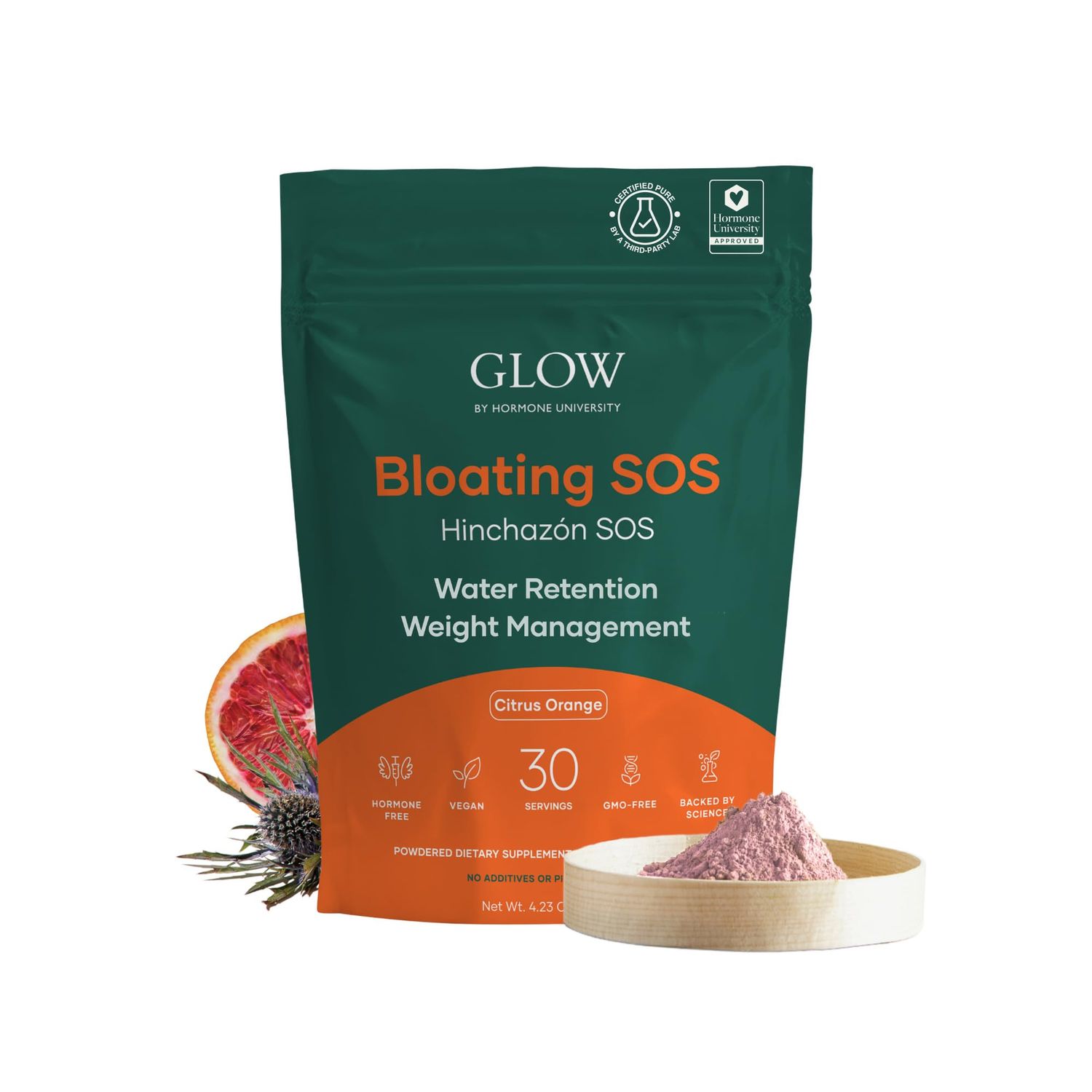 Glow Bloating SOS Powder, 4.23 Oz, Bloating Relief for Women with Morosil &amp; Digestive Enzymes, for Water Retention, Metabolism, Gut Health &amp; Immune Support, Hormone-Free, Citrus Orange