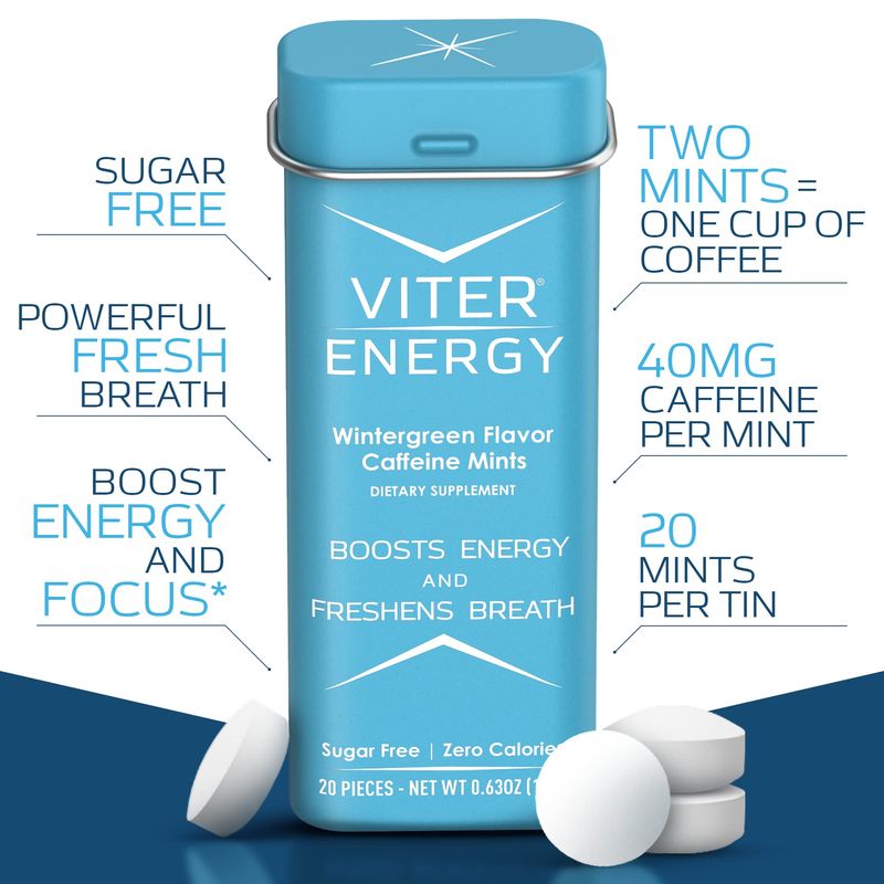 Viter Energy Caffeinated Mints 40mg Caffeine, B Vitamins, Sugar Free. (Wintergreen, 20pcs, 6 Pack)