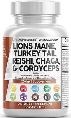 Clean Nutraceuticals Lions Mane 20in1 Mushroom Supplement with Turkey Tail Reishi Cordyceps Chaga Maitake Meshima Poria Cocos Shiitake Oyster Porcini Enoki 60 Count