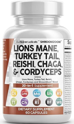 Clean Nutraceuticals Lions Mane 20in1 Mushroom Supplement with Turkey Tail Reishi Cordyceps Chaga Maitake Meshima Poria Cocos Shiitake Oyster Porcini Enoki 60 Count