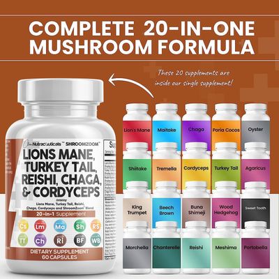Clean Nutraceuticals Lions Mane 20in1 Mushroom Supplement with Turkey Tail Reishi Cordyceps Chaga Maitake Meshima Poria Cocos Shiitake Oyster Porcini Enoki 60 Count