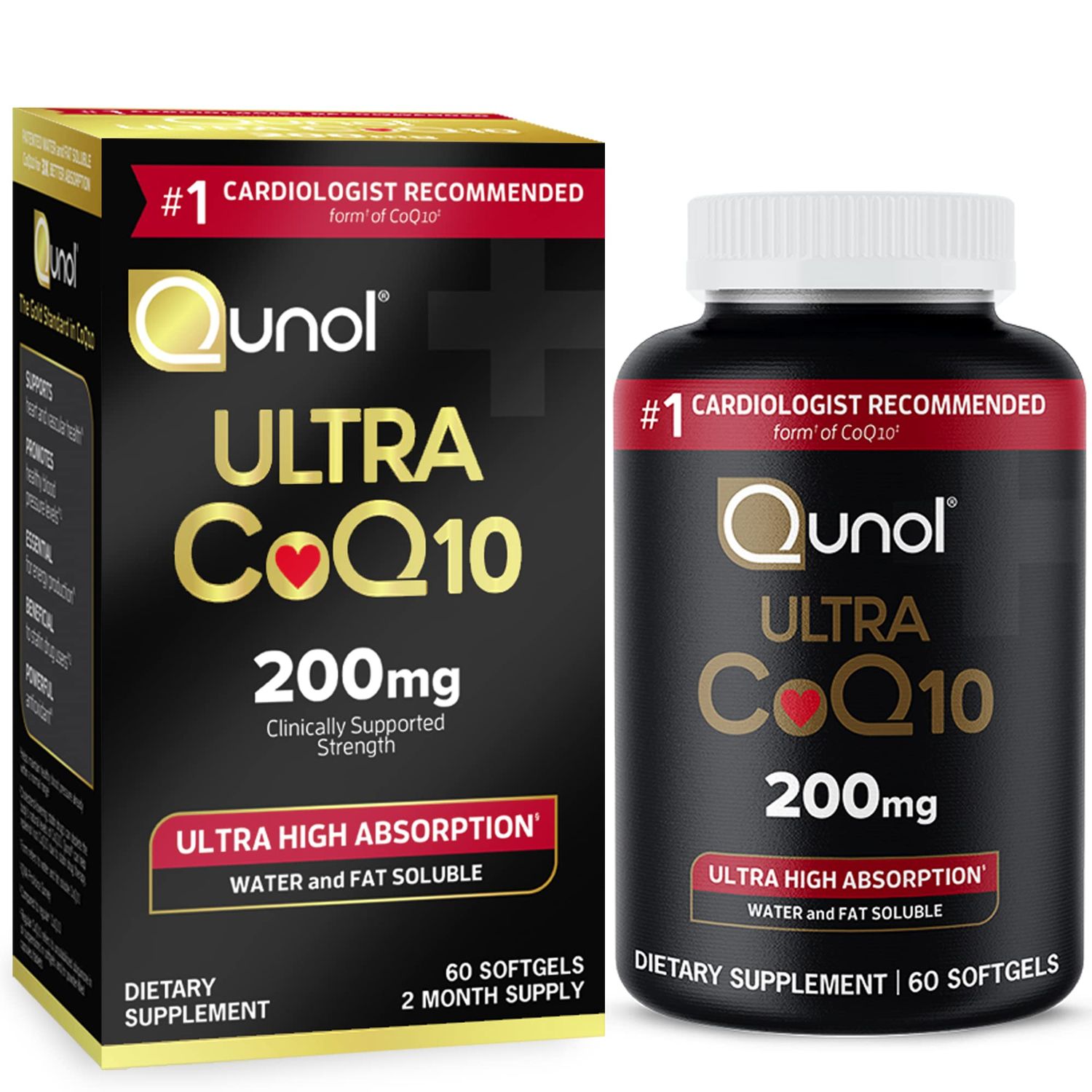 Qunol CoQ10 200mg Softgels, Ultra CoQ10 - Ultra High Absorption Coenzyme Q10 Supplements - Antioxidant Supplement for Vascular and Heart Health &amp; Energy Production - 2 Month Supply - 60 Count