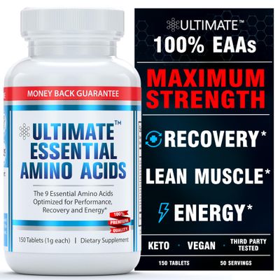 Ultimate 100% Essential Amino Acid Supplement - 150 Easy-to-Swallow, 1g Coated Tablets - All 9 EAA with 40% Leucine in Optimized BCAA Ratio - Increase Energy, Lean Muscle &amp; Recovery - Keto &amp; Vegan
