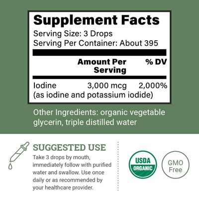Organic Lugol's Iodine, Iodine and Potassium Iodide 2% Solution 3000 mcg - Liquid Supplement Drops for Thyroid Support for Women & Men, Metabolism Health, Detox Boost - Non-GMO, 395 Servings (2 Oz)