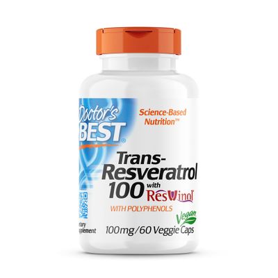 Doctor&#39;s Best, Trans-Resveratrol with Resvinol, Non-GMO, Vegan, Gluten Free, Soy Free, 100 mg, 60 Veggie Caps