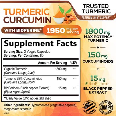 Turmeric Curcumin Supplement 1950mg with Black Pepper Extract 95% Curcuminoids - High Absorption Ultra Potent Turmeric Capsules with BioPerine, Nature's Tumeric Pills for Joint Support - 240 Capsules