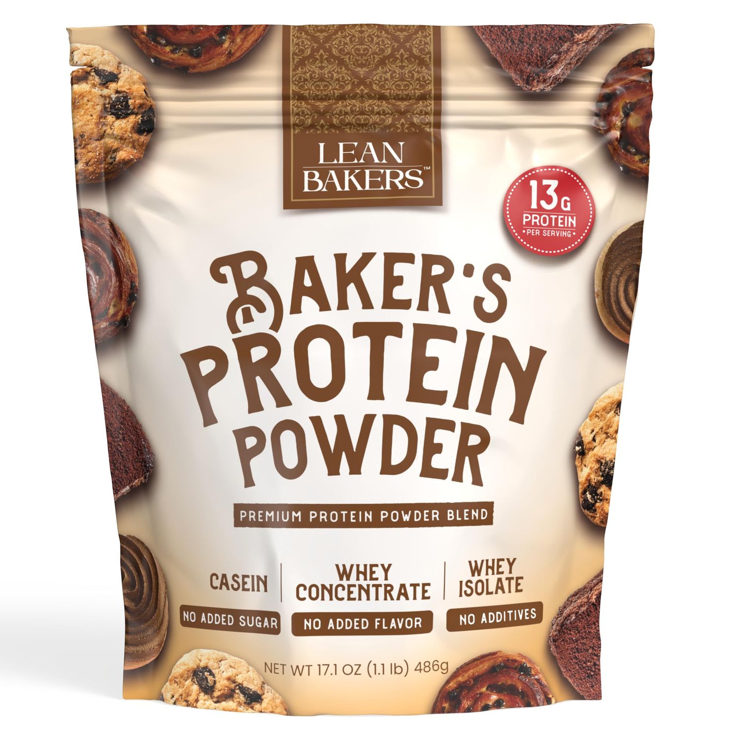 LEANBAKERS, Baker&#39;s Protein Powder Pure Natural Protein Blend, Whey Isolate, Whey Concentrate, Casein, Gluten Free, no sweeteners, Unflavored, 17.1 oz, for Baking high Protein Low Calorie Snacks