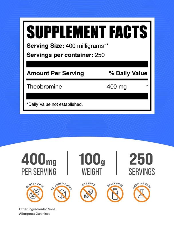 BulkSupplements.com Theobromine Powder - Theobromine Supplement, Nootropic Supplement - Energy Support, Gluten Free, 400mg per Serving, 250 Servings, 100g (3.5 oz) (Pack of 1)
