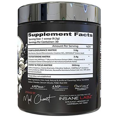 Insane Labz Psychotic Test, High Stim Testosterone Energy and Pump Boosting Pre-Workout Powder with DMAE Bitartrate, D Aspartic Acid, Creatine HCL and Glycerol Monostearate, 30 Servings, Watermelon